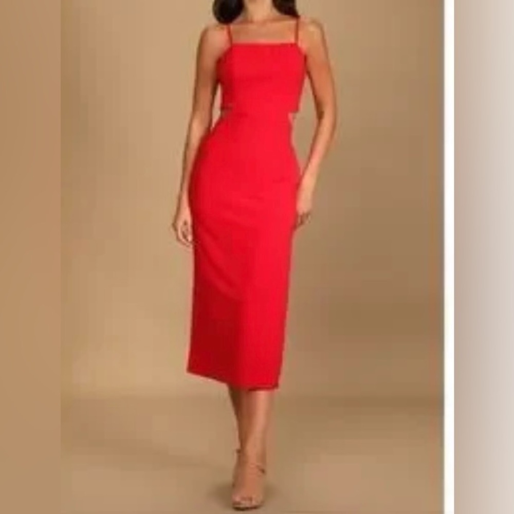 Lulus Good Times Only red midi dress side cutouts party dress spaghetti straps L